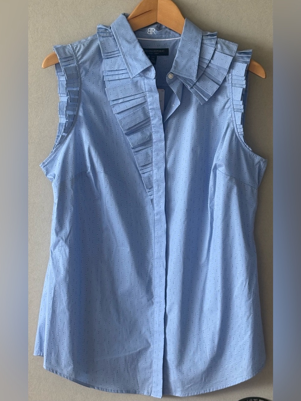 Banana Republic Light Blue Sleeveless Ruffle-Trim Button-Down